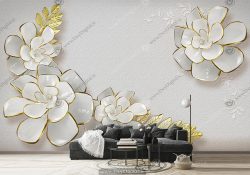 پوستر دیواری گل سه بعدی سفید طلایی ba-4714