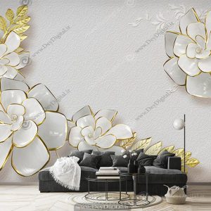 پوستر دیواری گل سه بعدی سفید طلایی ba-4714