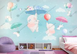 پوستر اتاق نوزاد طرح فیل و خرگوش در حال چتر سواری