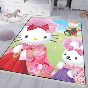 فرشینه طرح کیتی با لباس و تم کره ای و زمینه روشن