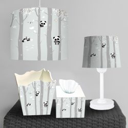 جعبه دستمال و سطل زباله و ساعت طرح پانداهای روی درخت با زمینه طوسی روشن