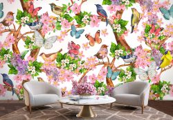 پوستر دیواری بلبل و گل و پروانه ba-5813