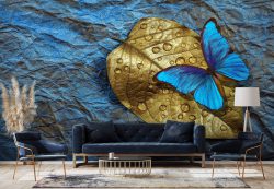 پوستر دیواری پروانه و برگ طلایی ba-5815