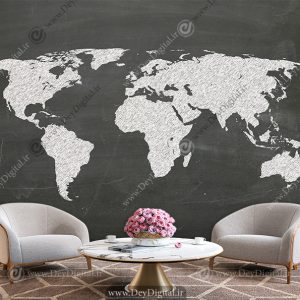 پوستر دیواری نقشه قاره های جهان رنگ سفید مشکی