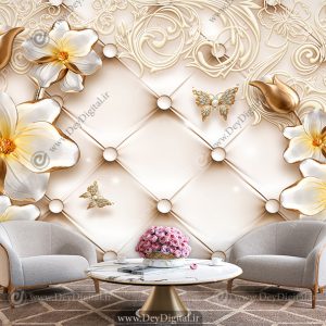 کاغذ دیواری سه بعدی گل سفید طلایی با لمسه های کرمی