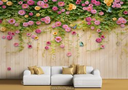 پوستر دیواری سه بعدی بوته های گل صورتی آویزون از دیوار