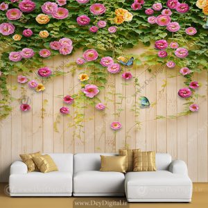 پوستر دیواری سه بعدی بوته های گل صورتی آویزون از دیوار