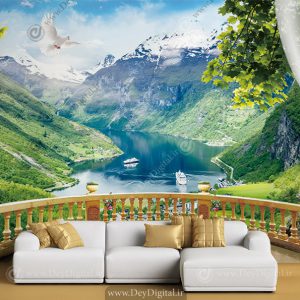 پوستر منظره و طبیعت سه بعدی باکیفیت طرح رودخانه بزرگ در میان دره