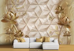 پوستر سه بعدی برای سالن پذیرایی طرح گل لاله طلایی با زمینه مدرن