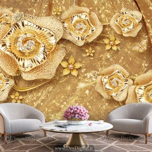پوستر دیواری رنگ طلایی طرح گل های نگین دار برای پذیرایی