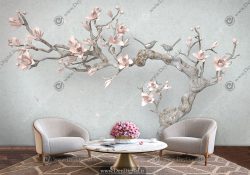 پوستر دیواری سه بعدی طرح شاخه درخت با گل های صورتی