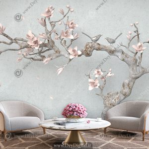 پوستر دیواری سه بعدی طرح شاخه درخت با گل های صورتی