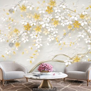 پوستر دیواری سه بعدی شکوفه های گل طلایی و سفید