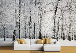 پوستر دیواری جنگل برفی با درختان بلند