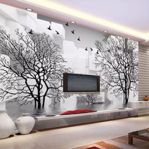 کاغذ دیواری سه بعدی درختان سیاه سفید