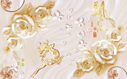 پوستر دیواری گل و گوزن طلایی