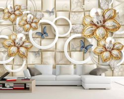 کاغذ دیواری سه بعدی با گل های طلایی