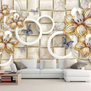 کاغذ دیواری سه بعدی با گل های طلایی