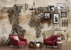 پوستر دیواری برج ایفل و نقشه جهان به سبک تایپو گرافی