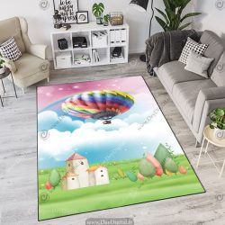 فرش چاپی طرح کودکانه بالون و خانه و ابر