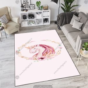 فرش چاپی طرح نقاشی اسب تک شاخ زمینه صورتی