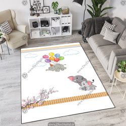 فرش چاپی طرح فیل و شکوفه و بادکنک های رنگارنگ