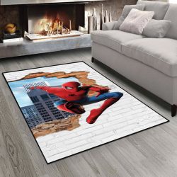 فرش اتاق سر تصویر سه بعدی مرد عنکبوتی و دیواری آجری سفید