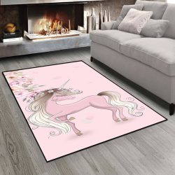 فرش ماشینی برای اتاق دختر طرح اسب تکشاخ صورتی