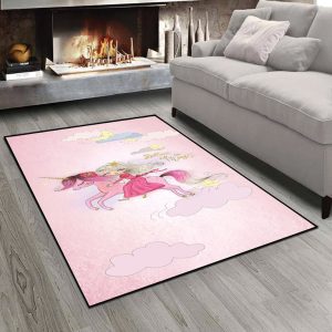 فرشینه طرح دختر پرنسسی سوار بر یونیکورن زمینه صورتی
