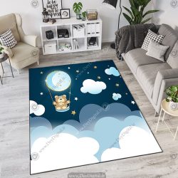 فرش چاپی طرح بچگانه خرسی و ماه و ستاره