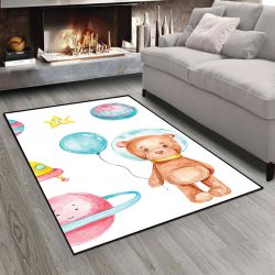 فرش چاپی اتاق نوزاد طرح عروسکی خرس و بادکنک و زحل زمینه سفید