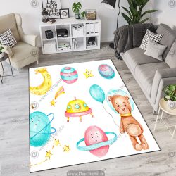 فرش چاپی طرح نقاشی بچگانه خرسی و سیاره و سفینه فضایی