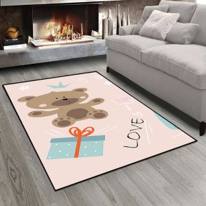 فرش چاپی طرح عروسکی خرس و کادو زمینه صورتی