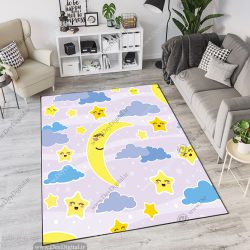 فرش چاپی اتاق نوزاد طرح گرافیکی ماه و ستاره و ابر