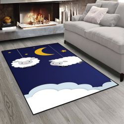 فرش چاپی اتاق نوزاد طرح ماه و ستاره و ابرهایی به شکل گوسفند زمینه تیره