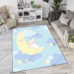 فرش چاپی اتاق نوزاد طرح بچه خوابیده روی ماه