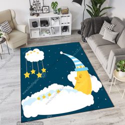 فرش اتاق کودک طرح ماه خوابالو و ستاره‌های طلایی