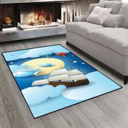 فرش چاپی اتاق نوزاد طرح گرافیکی کشتی و ماه و ستاره و بالن قرمز