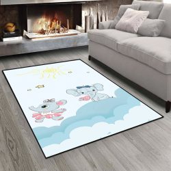 فرش چاپی طرح کودکانه فیل ها در آسمان ابری
